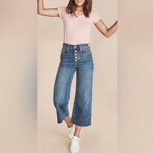 Marine Layer Denim Wide Leg Cropped Frayed Raw Hem Button Fly Jeans Boho Blue 30